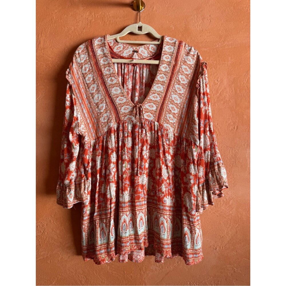 Free People Boho Floral Printed Tunic Top Bell Sleeve Medium